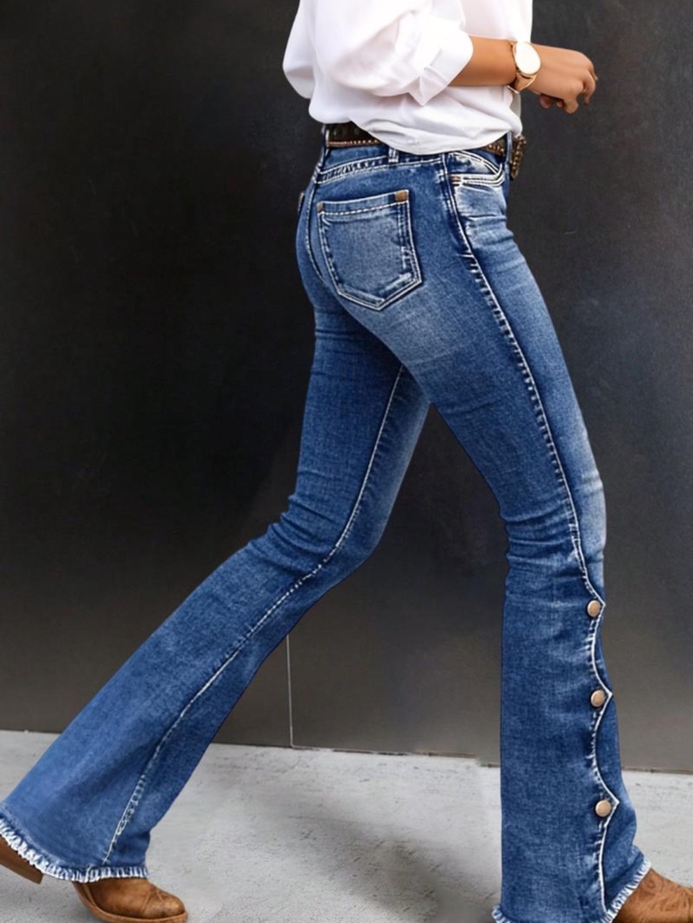 Mid-Rise Blue Button-Side Flare Jeans